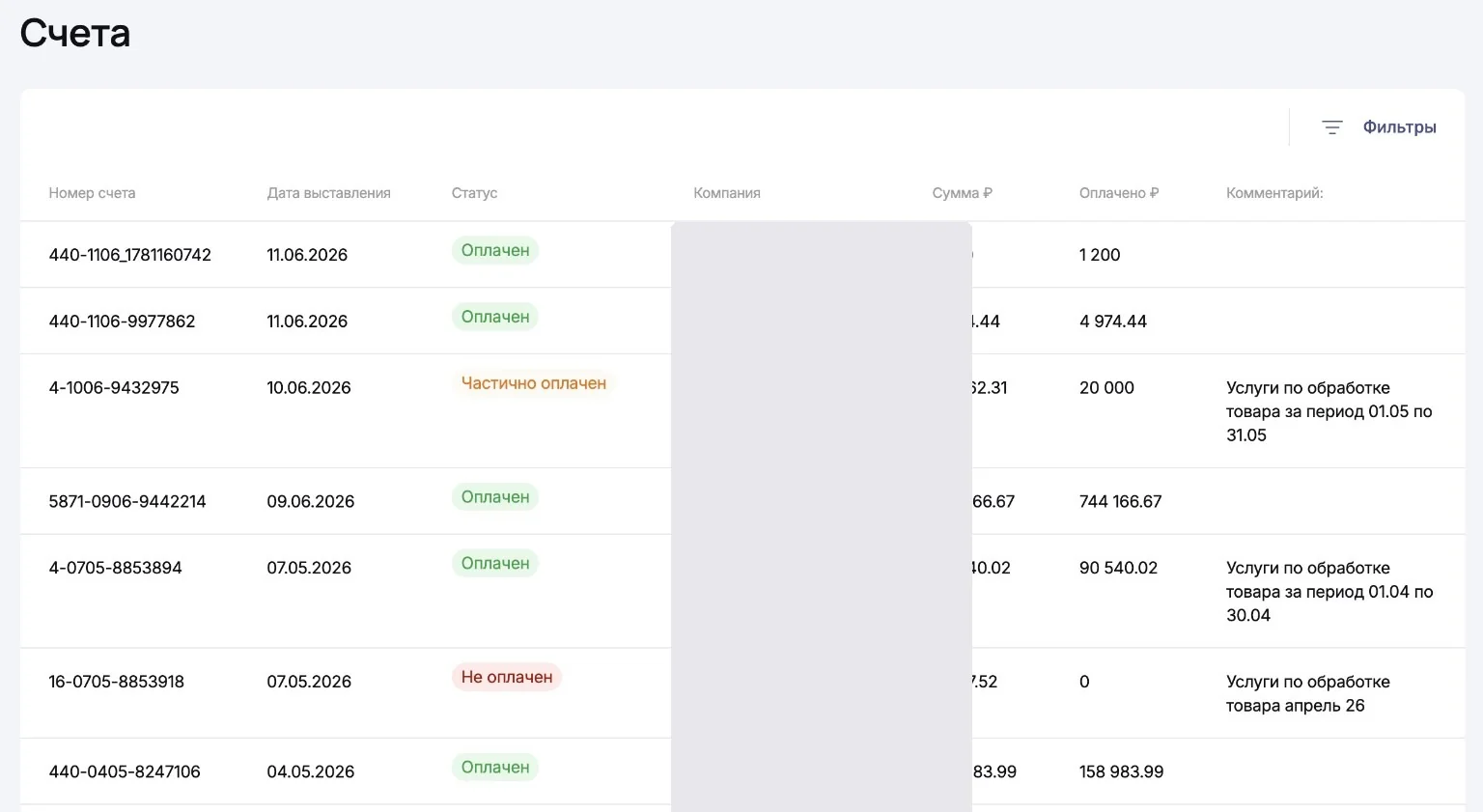 Счета клиентов и статусы оплаты в WMS МПФИТ